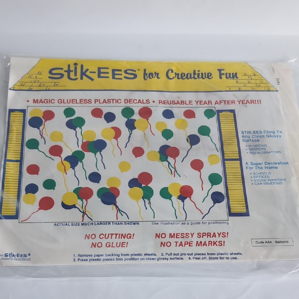 Vtg Stik-EES Vinyl  Window Decals Clings Balloons Birthday1993 NIP